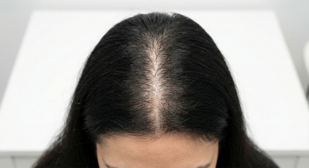 Vue du dessus d'un cuir chevelu féminin présentant une perte de cheveux diffuse et un éclaircissement notable le long de la raie centrale, signe d'une alopécie androgénétique féminine au stade I (Ludwig)