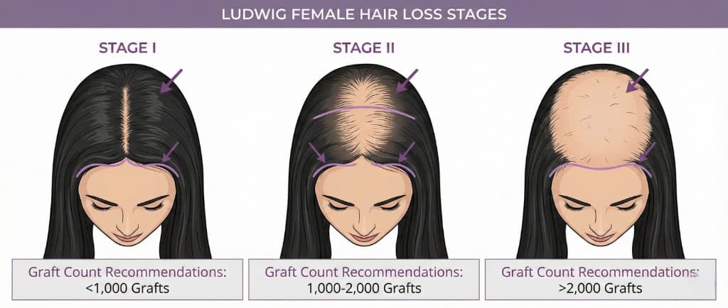 Infographie médicale des 3 stades de l'alopécie androgénétique féminine selon l'échelle de Ludwig : stade I (amincissement léger, < 1 000 greffons), stade II (raréfaction modérée, 1 000–2 000 greffons) et stade III (raréfaction sévère, > 2 000 greffons) avec recommandations de greffe capillaire