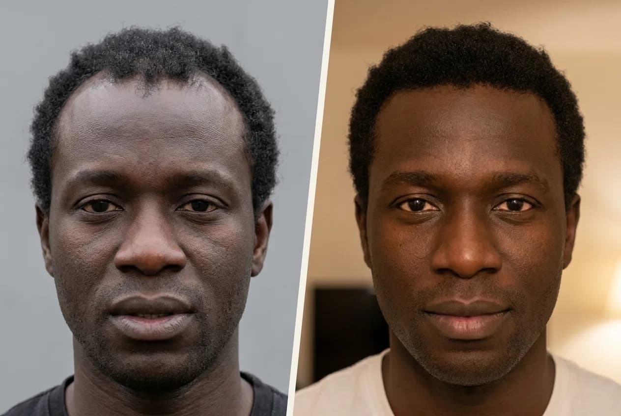 Résultat greffe de cheveux FUE Saphir Istanbul - 3200 greffons - 12 mois après - Golfes et Vertex - Patient Sénégal - Renaissance Clinique Turquie