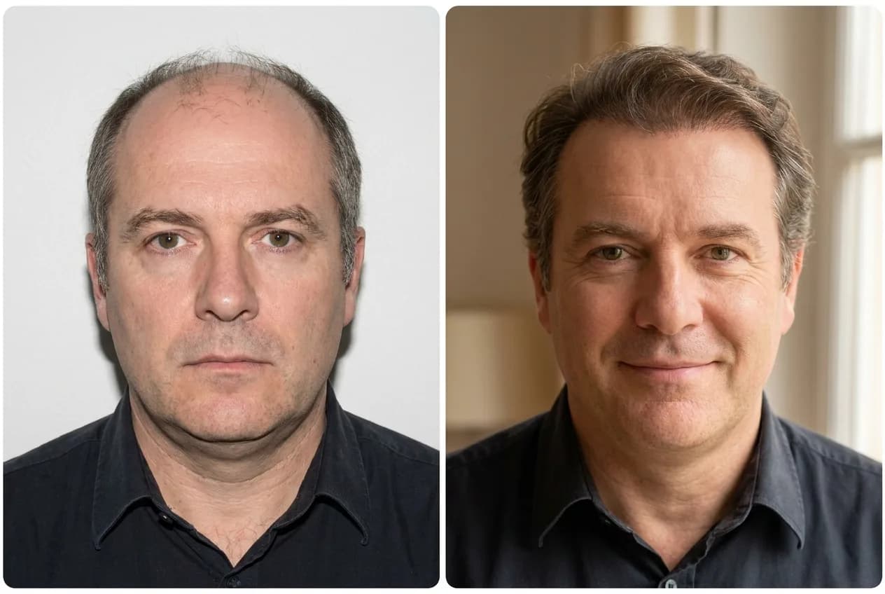 Résultat greffe de cheveux FUE Saphir Istanbul - 4700 greffons - 14 mois après - Ligne frontale et Vertex - Patient France - Renaissance Clinique Turquie