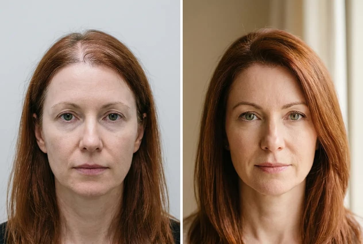 Résultat greffe de cheveux FUE Saphir Istanbul - 2600 greffons - 13 mois après - Vertex et Raie centrale - Patient Suisse - Renaissance Clinique Turquie