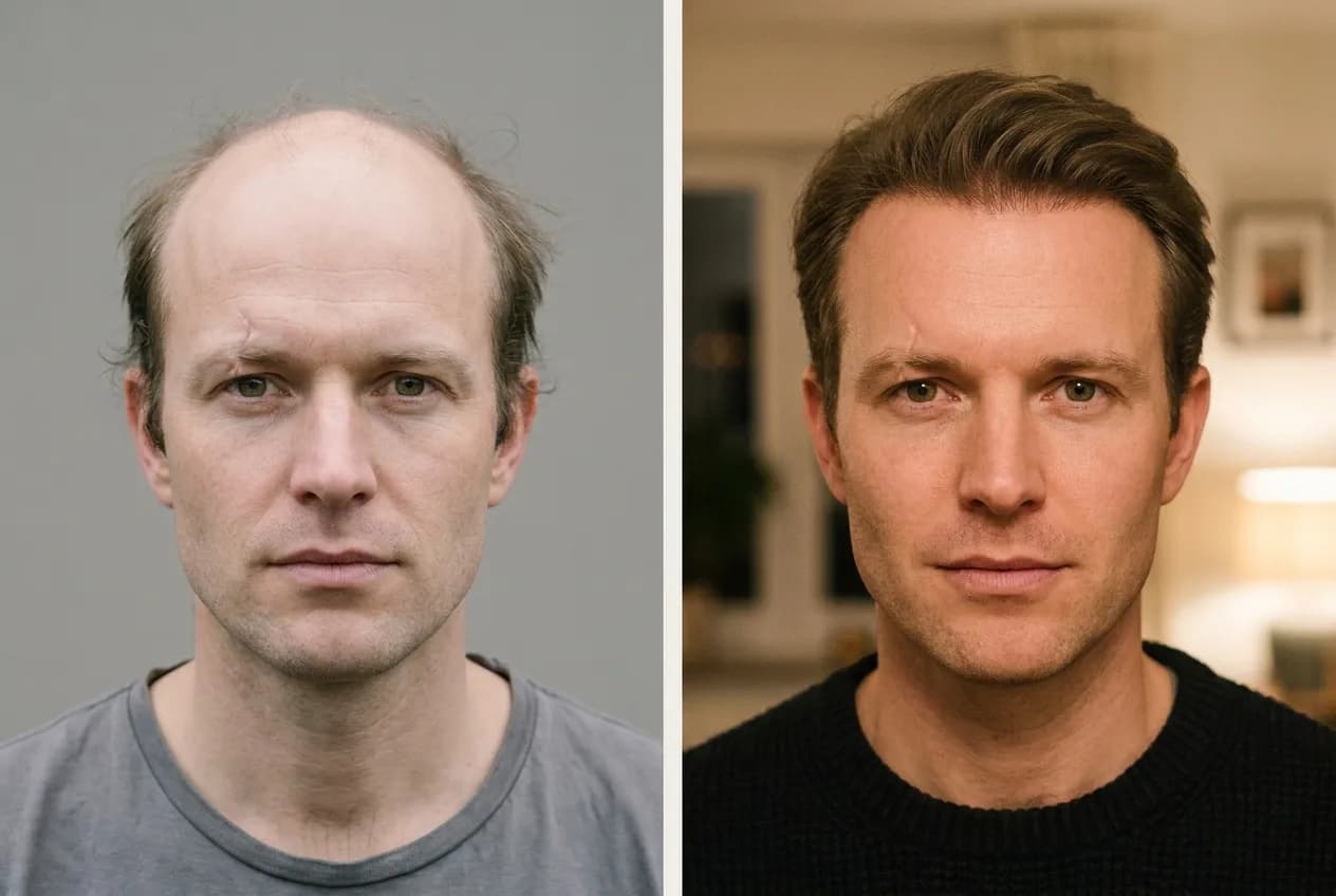 Résultat greffe de cheveux FUE Saphir Istanbul - 4800 greffons - 14 mois après - Ligne frontale et Vertex - Patient Belgique - Renaissance Clinique Turquie