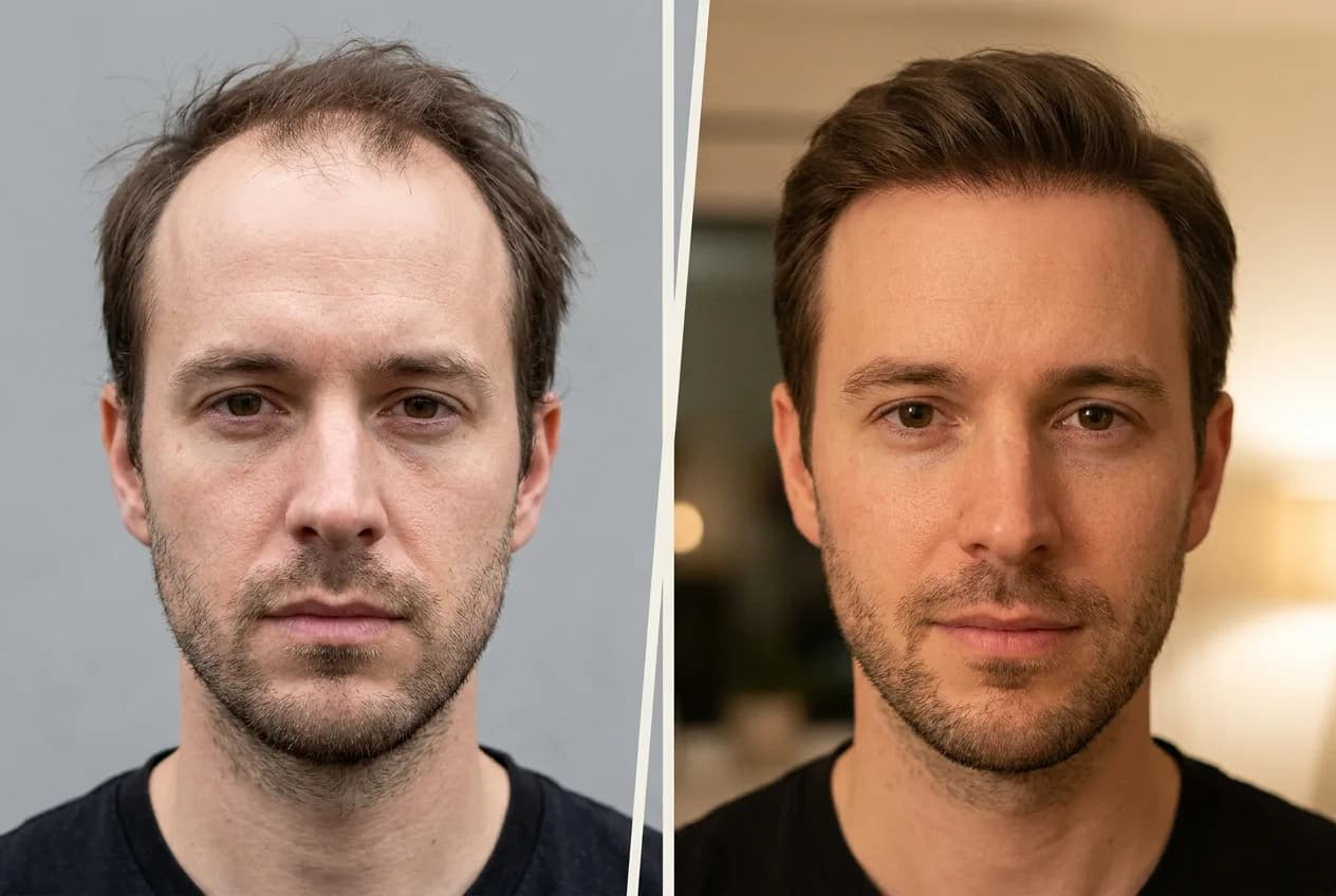 Résultat greffe de cheveux FUE Saphir Istanbul - 4000 greffons - 11 mois après - Ligne frontale et Mid-scalp - Patient France - Renaissance Clinique Turquie