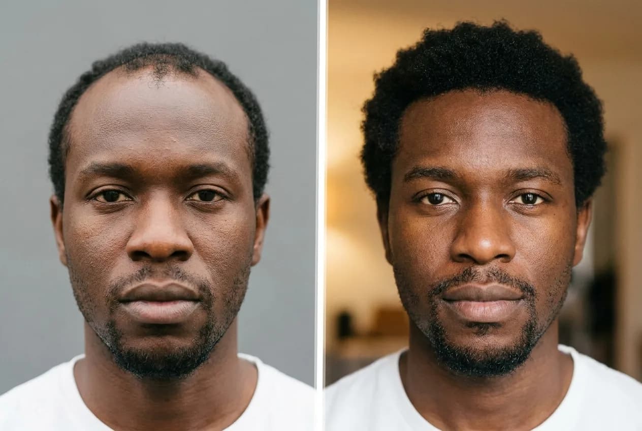 Résultat greffe de cheveux FUE Saphir Istanbul - 3000 greffons - 12 mois après - Ligne frontale et Golfes - Patient Côte d'Ivoire - Renaissance Clinique Turquie