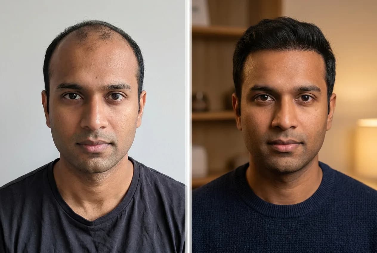 Résultat greffe de cheveux FUE Saphir Istanbul - 3600 greffons - 12 mois après - Ligne frontale et Mid-scalp - Patient France - Renaissance Clinique Turquie