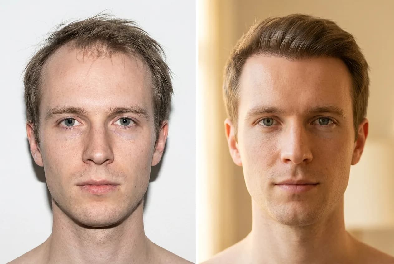 Résultat greffe de cheveux FUE Saphir Istanbul - 3800 greffons - 10 mois après - Ligne frontale et Mid-scalp - Patient France - Renaissance Clinique Turquie