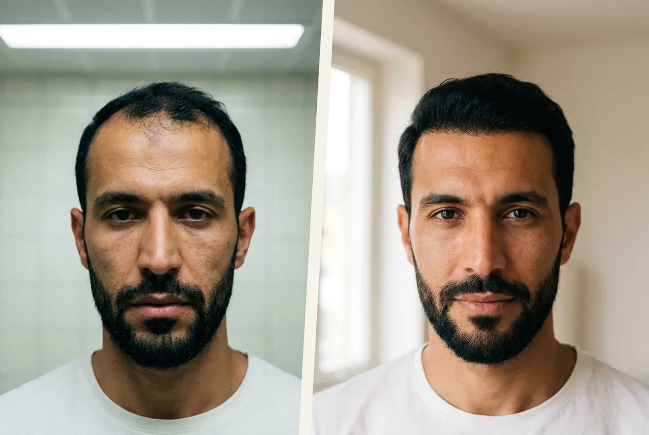 Résultat greffe de cheveux FUE Saphir + Choi Pen Istanbul - 3500 greffons - 12 mois après - Golfes et Ligne frontale - Patient Algérie - Renaissance Clinique Turquie