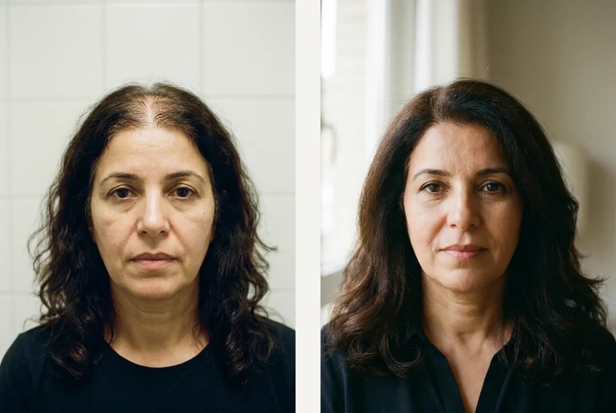 Résultat greffe de cheveux FUE Saphir Istanbul - 2200 greffons - 13 mois après - Raie centrale et Vertex - Patient Algérie - Renaissance Clinique Turquie