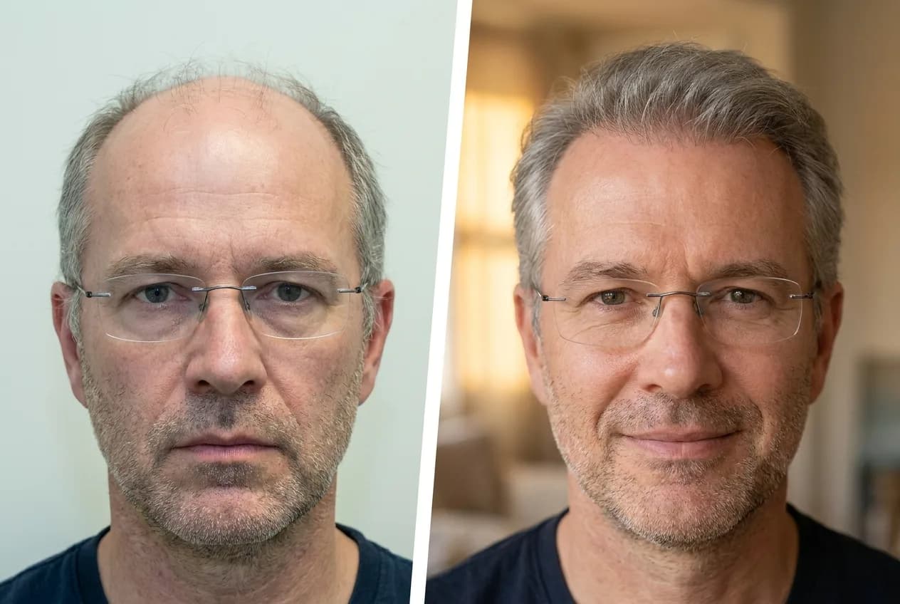 Résultat greffe de cheveux FUE Saphir Istanbul - 5300 greffons - 15 mois après - Ligne frontale et Mid-scalp - Patient Suisse - Renaissance Clinique Turquie