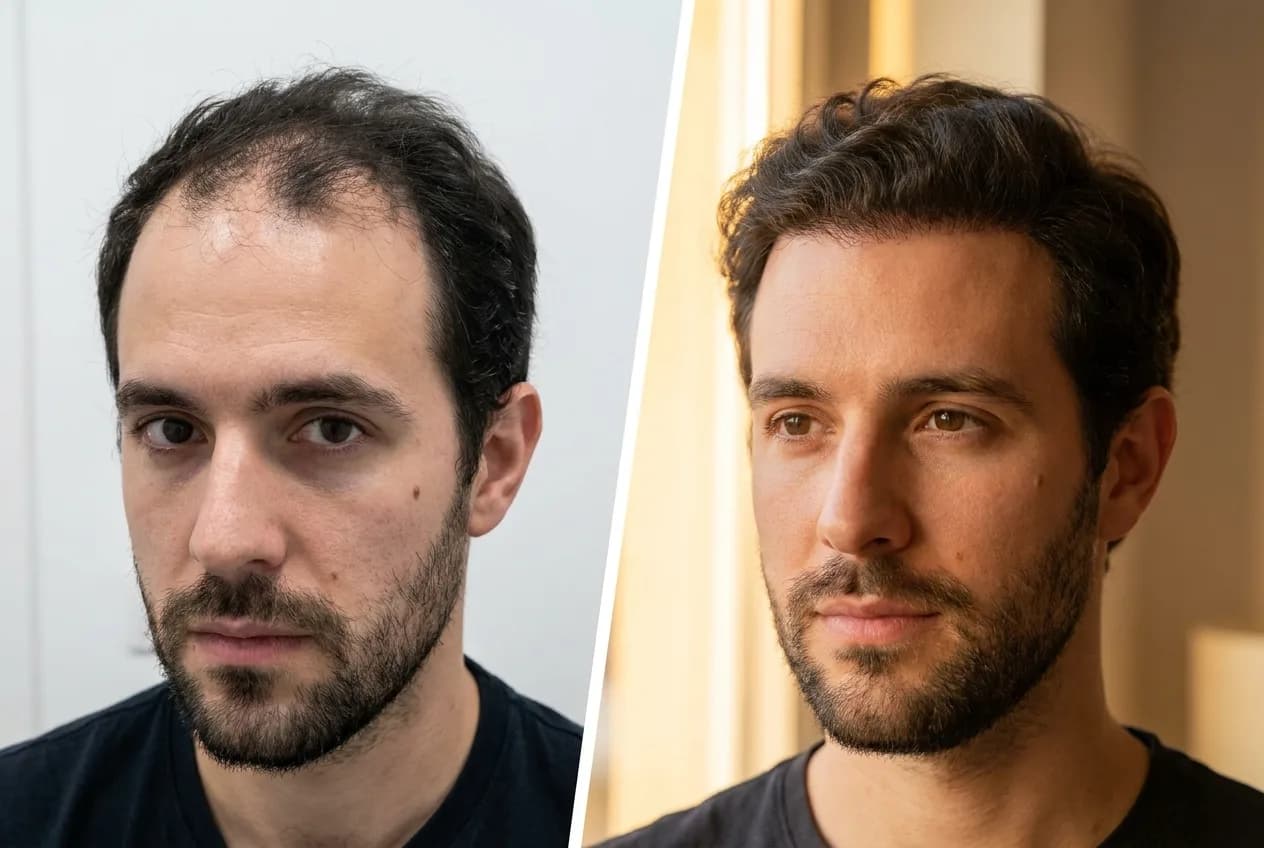 Résultat greffe de cheveux FUE Saphir Istanbul - 2600 greffons - 9 mois après - Vertex - Patient France - Renaissance Clinique Turquie