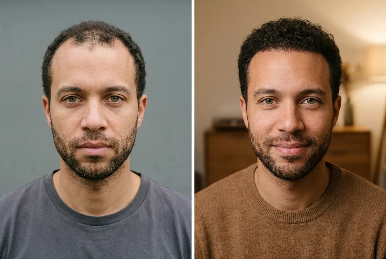 Résultat greffe de cheveux FUE Saphir + Choi Pen Istanbul - 3700 greffons - 12 mois après - Ligne frontale et Mid-scalp - Patient Luxembourg - Renaissance Clinique Turquie