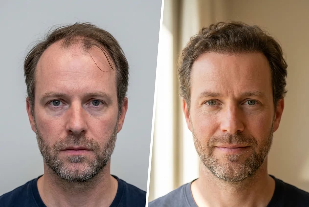 Résultat greffe de cheveux FUE Saphir Istanbul - 4200 greffons - 13 mois après - Ligne frontale et Mid-scalp - Patient Belgique - Renaissance Clinique Turquie