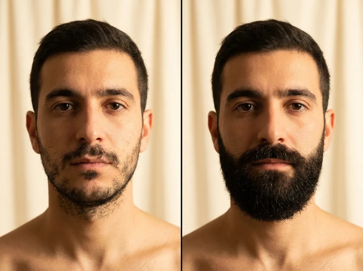 Résultat avant-après d'une greffe de barbe FUE Saphir à Renaissance Clinique Istanbul