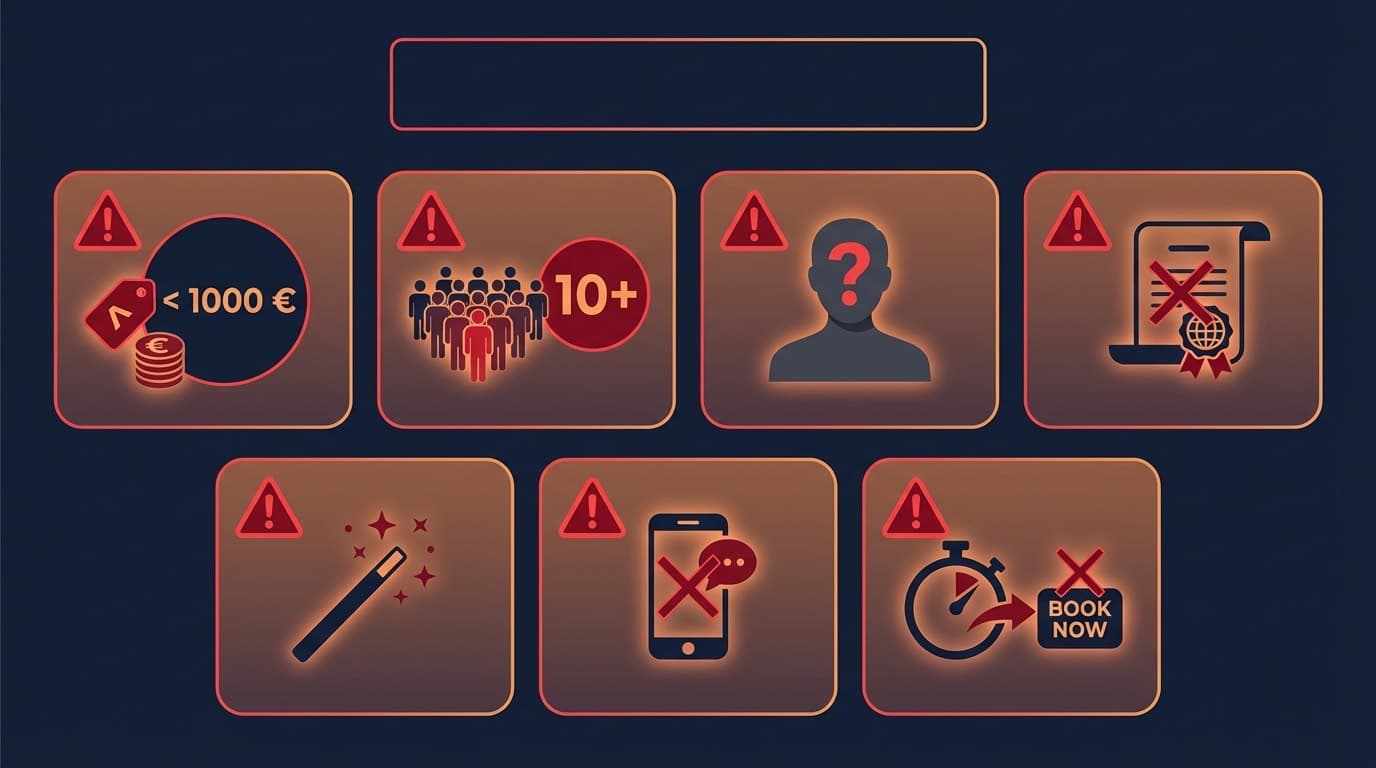 Infographie des 7 signaux d'alarme pour identifier une usine à greffes en Turquie — prix trop bas, chirurgien absent, volume excessif