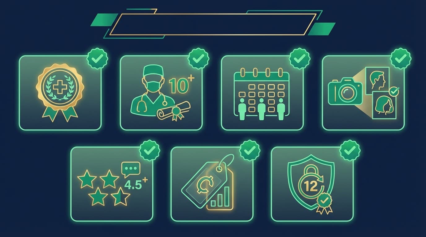 Infographie des 7 signaux de confiance pour identifier une clinique capillaire fiable en Turquie — certification JCI, chirurgien identifié, suivi 12 mois