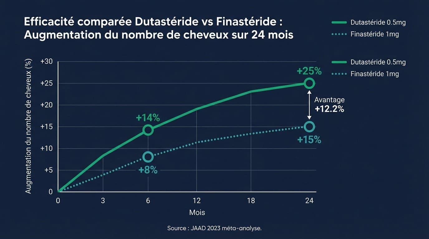 Graphique d'efficacité du dutastéride sur 24 mois : axe horizontal — temps en mois (0, 3, 6, 12, 18, 24), axe vertical — nombre de cheveux par cm² gagné par rapport au départ. Courbe violette (dutastéride 0,5 mg) : +17,1 cheveux/cm² à 6 mois, +69,6 à 12 mois, +89,6 à 24 mois. Courbe bleue (finastéride 1 mg) : +14,5 cheveux/cm² à 6 mois, +56,5 à 12 mois, +75,6 à 24 mois. Courbe grise (placebo) : −4,7 cheveux/cm² à 24 mois. Supériorité du dutastéride : +12,2 % de densité capillaire vs finastéride