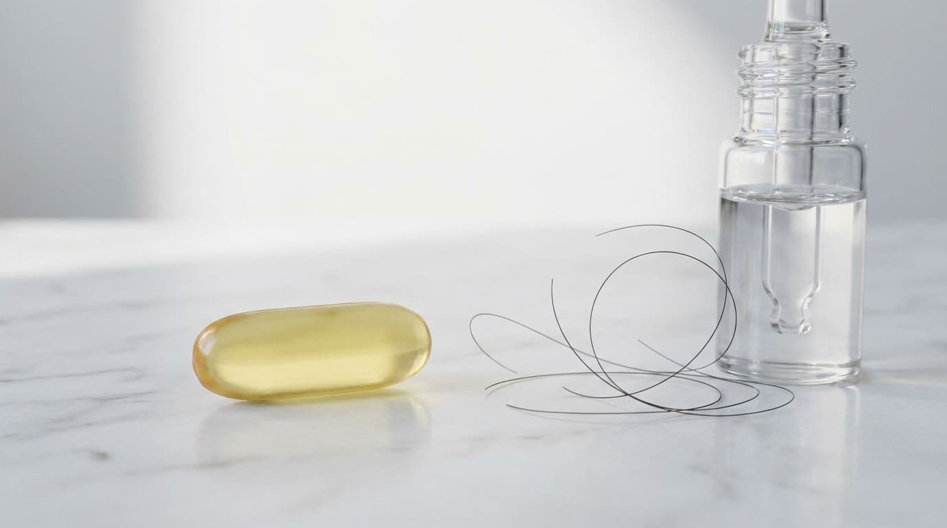 Infographie médicale du dutastéride 0,5 mg : capsule molle jaune avec structure moléculaire du dutastéride (C27H30F6N2O2), mécanisme d'inhibition dual des enzymes 5-alpha-réductase de type I et type II, réduction de 90 % du taux de DHT sérique — traitement de 2e intention contre l'alopécie androgénétique