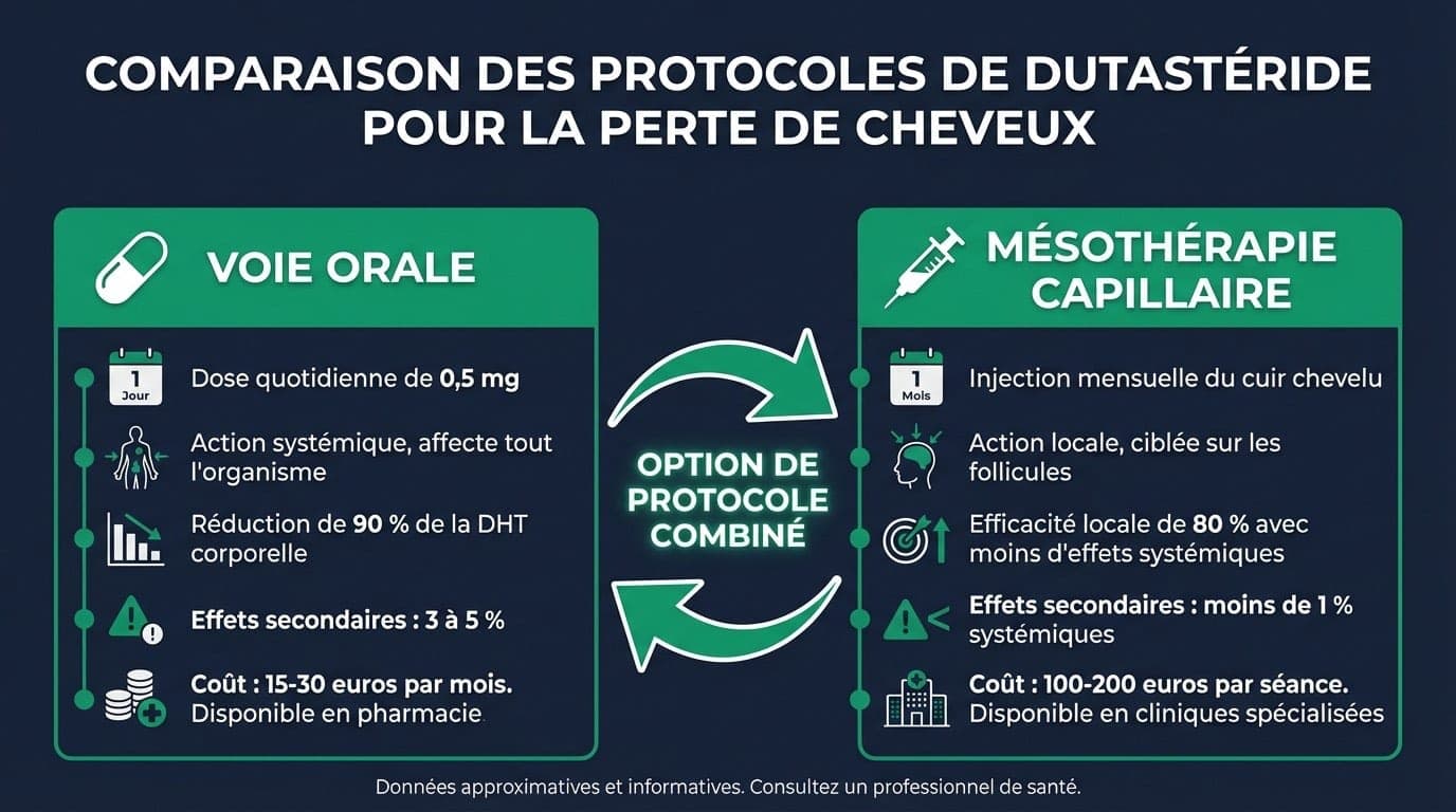 Infographie comparative des deux protocoles d'administration du dutastéride : à gauche, Voie Orale — capsule molle 0,5 mg/jour, prise quotidienne avec ou sans nourriture, action systémique (−90 % DHT sérique), adapté au traitement de fond à long terme, coût 15-40 €/mois ; à droite, Mésothérapie — injection de dutastéride dilué directement dans le cuir chevelu, 1 session/mois pendant 6 mois puis 1 session/3 mois, action locale ciblée avec moins d'effets systémiques, coût 100-300 €/session, protocole d'étude Saceda-Corralo 2022