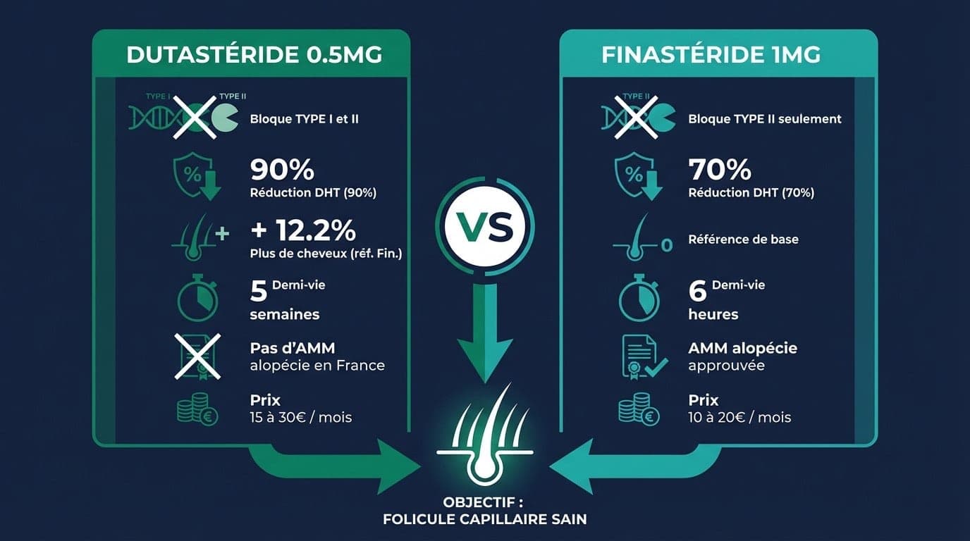 Infographie comparative dutastéride vs finastéride : colonne gauche (violet) Dutastéride 0,5 mg — inhibiteur dual type I + II, −90 % DHT, +12,2 % densité vs finastéride, demi-vie 5 semaines, hors AMM alopécie en France, approuvé Corée/Japon ; colonne droite (bleu) Finastéride 1 mg — inhibiteur type II uniquement, −70 % DHT, référence gold standard, demi-vie 6 heures, AMM alopécie en France depuis 1997, 25+ ans de recul clinique