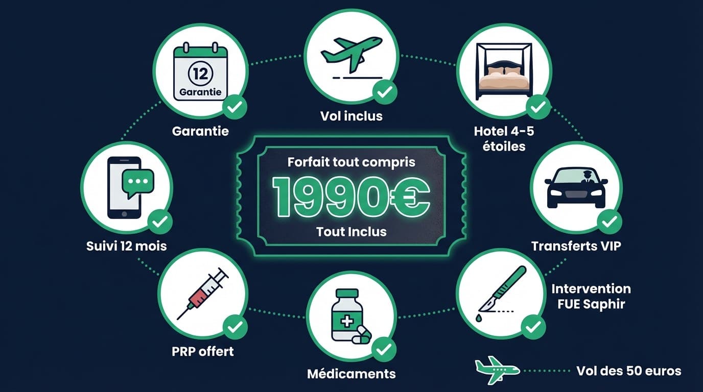 Infographie forfait tout compris greffe de cheveux Istanbul : intervention, hôtel 4-5 étoiles, transferts VIP, médicaments, PRP offert, suivi 12 mois — à partir de 1 990 €