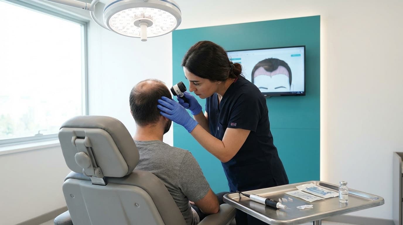 Consultation pré-opératoire dans une clinique de greffe capillaire à Istanbul — le chirurgien examine le cuir chevelu du patient avec un dermatoscope