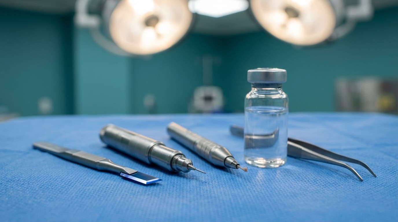 Instruments chirurgicaux de greffe capillaire FUE Saphir : lame saphir Kai Medical, extracteur motorisé, stylo Choi Pen sur champ opératoire stérile