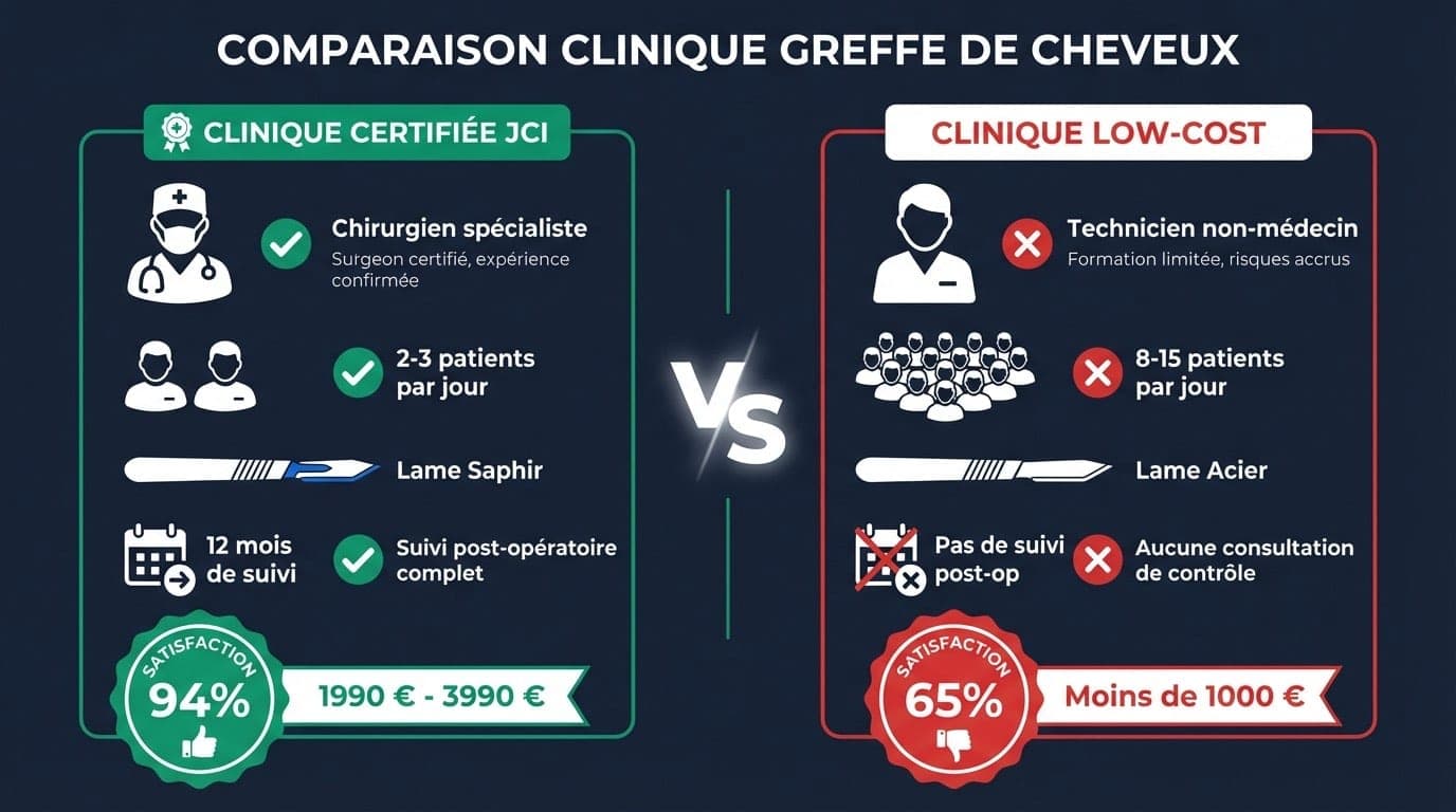 Infographie de comparaison entre une clinique de greffe capillaire certifiée JCI et une clinique low-cost : chirurgien, technologie, suivi, prix et taux de réussite