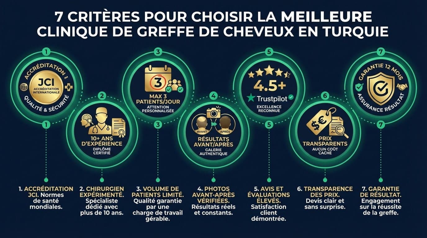 Infographie des 7 critères objectifs pour choisir la meilleure clinique de greffe de cheveux en Turquie : JCI, ISHRS, ratio patient, transparence, suivi, galerie, technologie