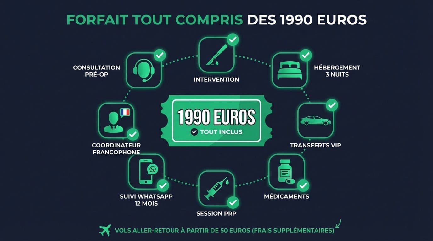 Infographie du forfait tout compris greffe de cheveux à Istanbul : intervention, hôtel 5 étoiles 3 nuits, transferts, analyses, soins, médicaments, PRP et suivi 12 mois