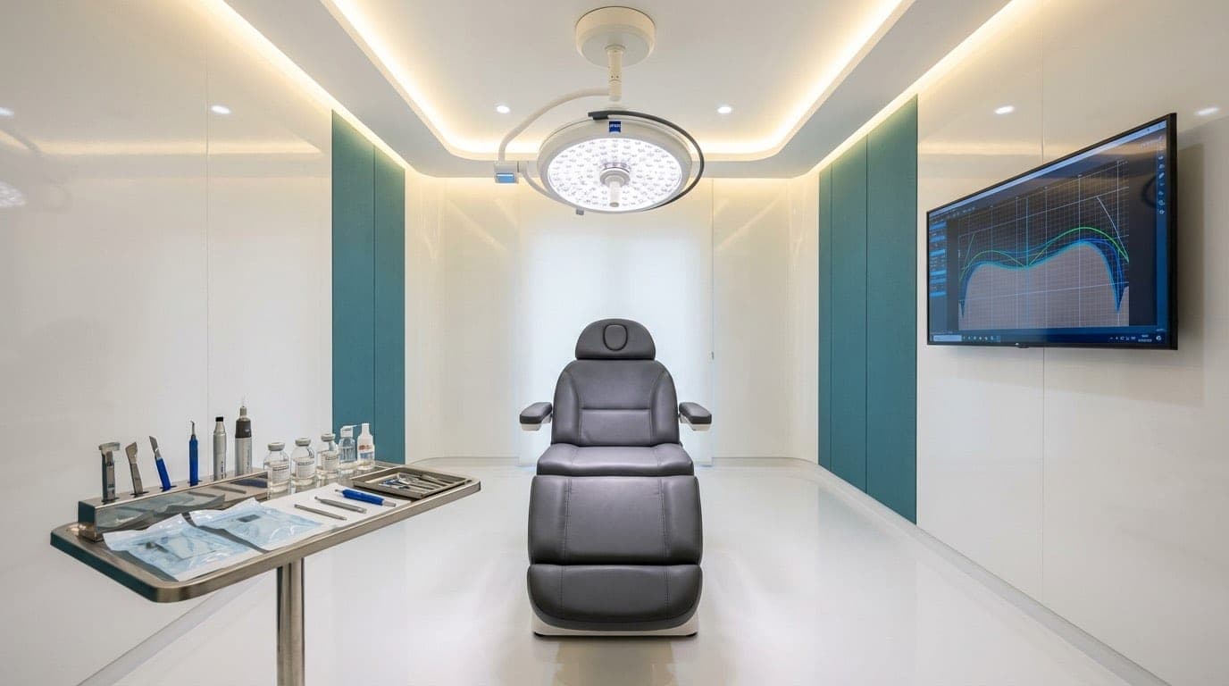 Intérieur premium d'une clinique de greffe de cheveux certifiée JCI à Istanbul : équipements de dernière génération, salle d'opération stérile et technologie saphir
