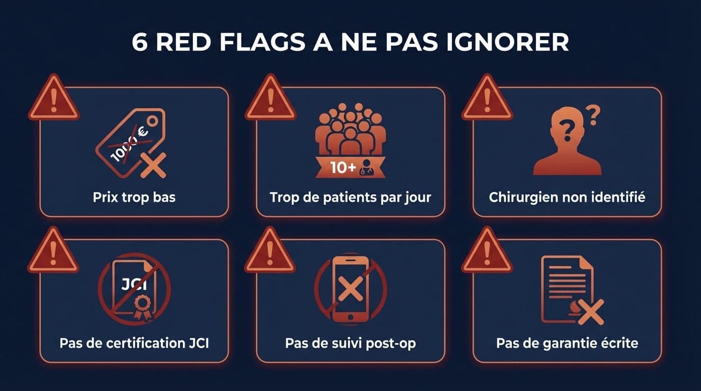 Infographie des 8 red flags à détecter avant de choisir une clinique de greffe de cheveux à Istanbul : promesses irréalistes, prix trop bas, techniciens, pas de suivi