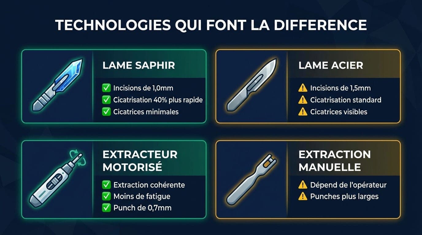 Infographie de comparaison des technologies de greffe capillaire : lames saphir vs acier, micromoteur vs manuel, anesthésie confort vs classique, stylo Choi vs forceps