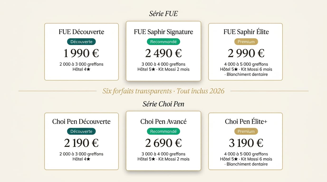 Grille tarifaire 2026 — six forfaits Renaissance Clinique : FUE Découverte 1 990 €, FUE Saphir Signature 2 490 €, FUE Saphir Élite 2 990 €, Choi Pen Découverte 2 190 €, Choi Pen Avancé 2 690 €, Choi Pen Élite+ 3 190 €