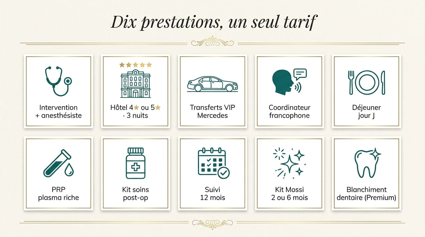 Dix prestations incluses dans chaque forfait Renaissance Clinique : intervention + anesthésiste, hôtel 4★ ou 5★, transferts Mercedes, coordinateur francophone, déjeuner jour J, PRP, kit soins post-op, suivi 12 mois, Kit Mossi, blanchiment dentaire (Premium)