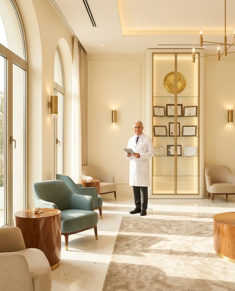 Lobby de Renaissance Clinique à Şişli, Istanbul — accréditation JCI visible, ambiance ivoire et or éditoriale