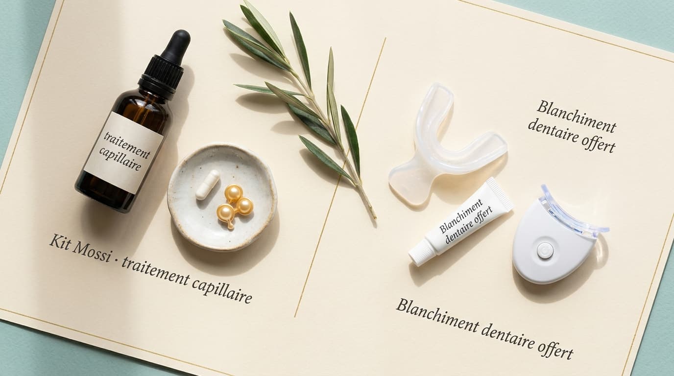 Composition éditoriale flat-lay : Kit Mossi de traitement capillaire et bonus blanchiment dentaire offerts dans les forfaits Premium Renaissance Clinique
