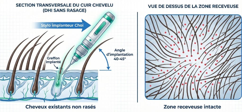 Schéma médical de la technique Choi Pen No-Shave (greffe sans rasage) : à gauche, section transversale du cuir chevelu montrant le stylo implanteur Choi insérant un greffon folliculaire entre les cheveux existants non rasés avec un angle d'implantation de 40-45° ; à droite, vue de dessus de la zone receveuse intacte avec les greffons (points rouges) implantés entre les cheveux existants