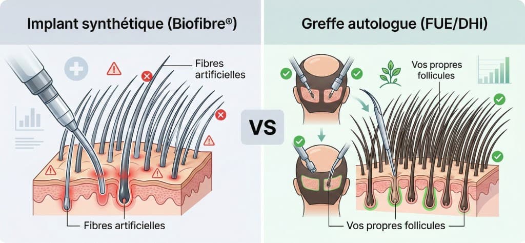 Comparaison visuelle entre implant capillaire synthétique Biofibre® (fibres artificielles avec marqueurs d'inflammation et de rejet) et greffe de cheveux autologue FUE/Choi Pen (transplantation de vos propres follicules pileux depuis la zone donneuse occipitale)