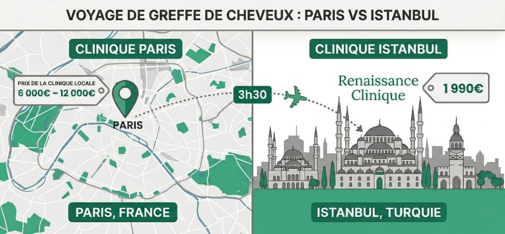Infographie comparant les tarifs de greffe de cheveux entre Paris (6 000€ – 12 000€ en clinique locale) et Istanbul (1 990€ chez Renaissance Clinique) — vol direct de 3h30 depuis Paris CDG vers Istanbul