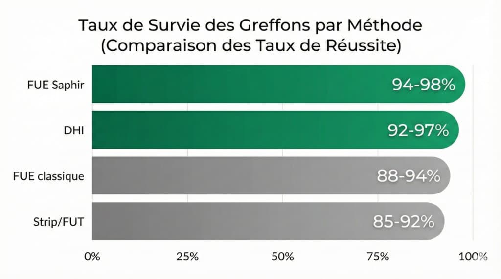 Infographie comparative des taux de survie des greffons par méthode : FUE Saphir 94-98%, Choi Pen 92-97%, FUE classique 88-94%, Strip/FUT 85-92% — graphique à barres horizontales avec comparaison des taux de réussite
