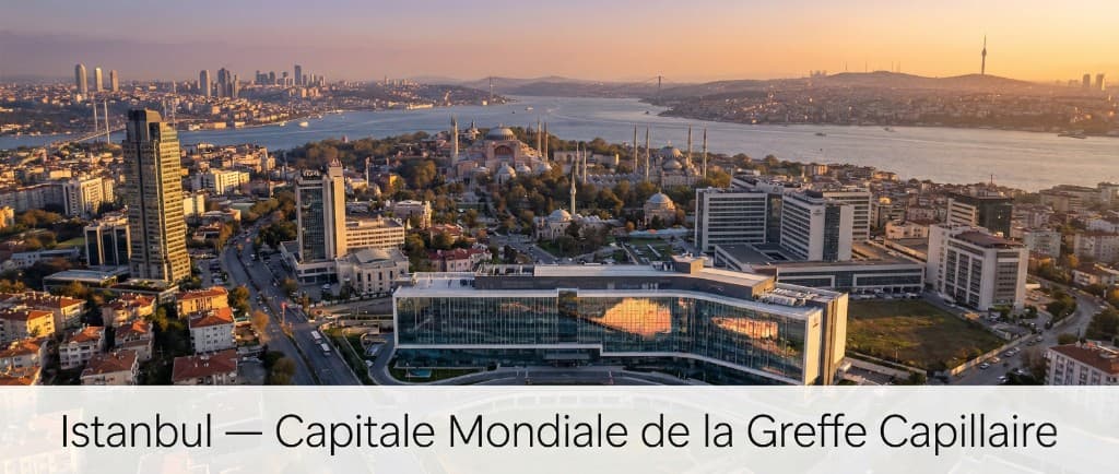 Vue panoramique aérienne d'Istanbul au coucher du soleil montrant le Bosphore, les mosquées historiques, les hôpitaux modernes et un centre médical à facade vitrée — capitale mondiale de la greffe capillaire avec plus de 600 000 interventions par an et 50% du marché mondial