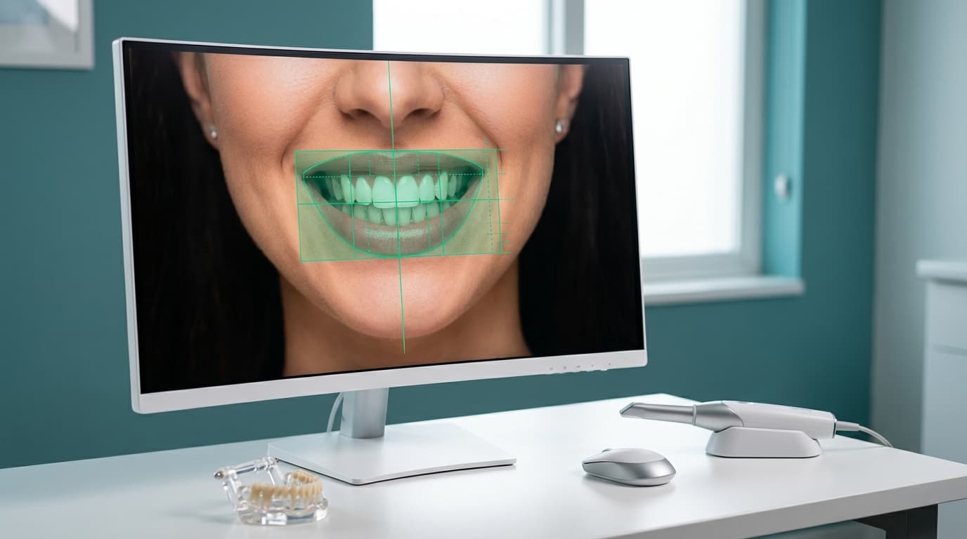 Grand ecran affichant le logiciel Digital Smile Design avec superposition du sourire numerique sur le visage d'un patient