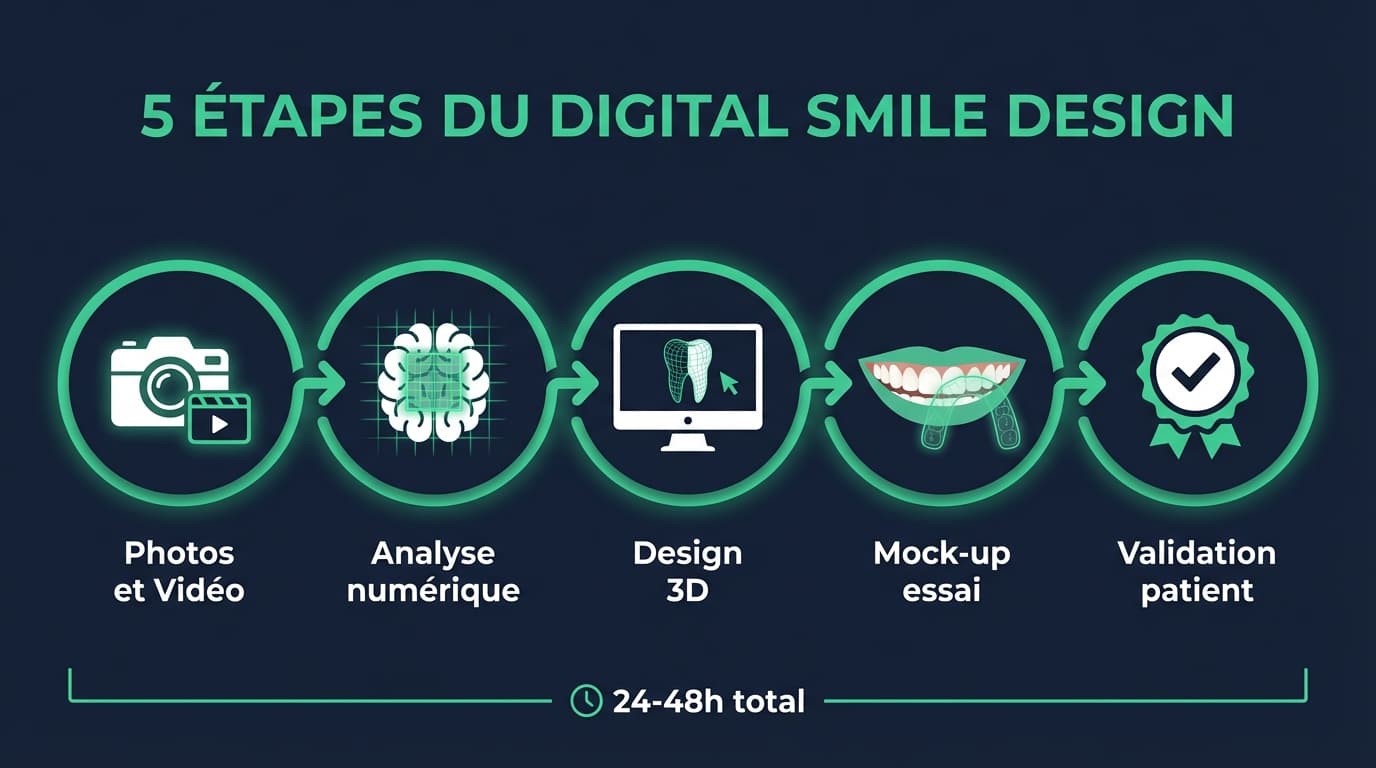 Infographie des 5 etapes du protocole Digital Smile Design : photos et video, analyse, design 3D, mock-up, validation