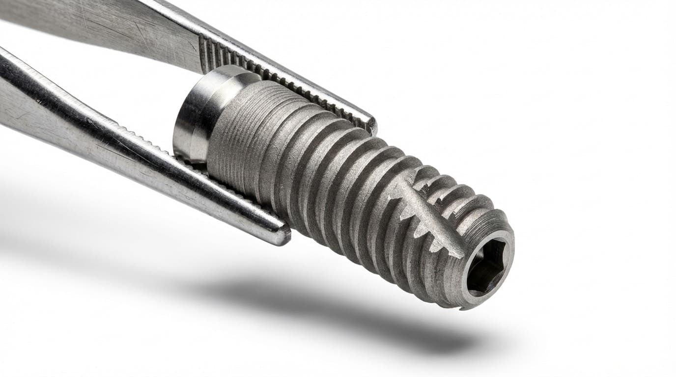Macro-photographie d'une vis d'implant dentaire en titane grade 4 : filetage de précision, surface traitée SLA pour ostéointégration optimale
