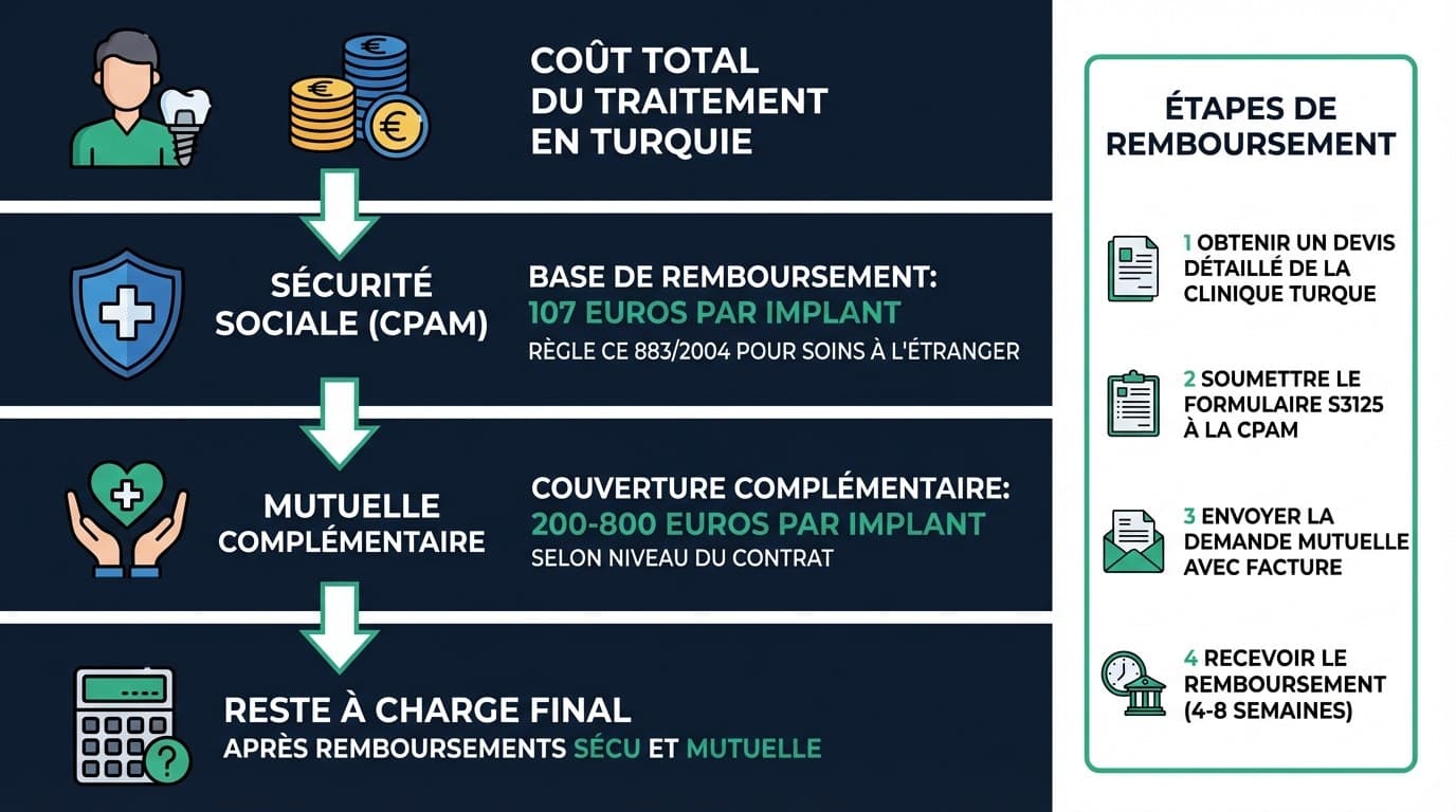 Infographie du remboursement des implants dentaires : Sécurité sociale, mutuelle complémentaire et règlement européen CE 883/2004