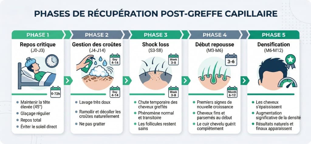 Infographie des 5 phases de récupération post-greffe capillaire : Phase 1 repos critique J0-J3 (maintenir tête élevée, glaçage, repos total), Phase 2 gestion des croûtes J4-J14 (lavage doux, ramollir et décoller naturellement), Phase 3 shock loss S3-S8 (chute temporaire normale, follicules restent sains), Phase 4 début repousse M3-M6 (cheveux fins et parsemés, cuir chevelu guérit), Phase 5 densification M6-M12 (épaississement, résultats naturels et finaux)