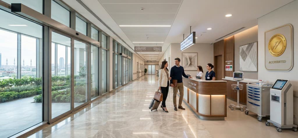 Accueil de patients internationaux dans un hôpital certifié JCI à Istanbul : hall moderne avec sols en marbre poli, baies vitrées panoramiques, couple de patients avec valise accueillis par deux coordinatrices à la réception, badge d'accréditation JCI doré visible au mur, équipement médical et écrans d'information