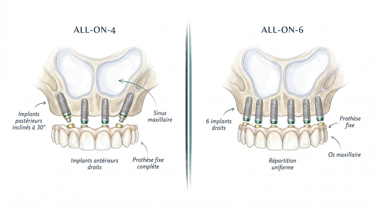 Comparaison anatomique des protocoles All-on-4 et All-on-6 sur arcade maxillaire complète