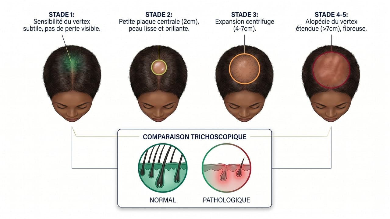 Les 5 stades évolutifs de la CCCA chez la femme afro selon classification Olsen — du stade 1 précoce au stade 5 cicatriciel