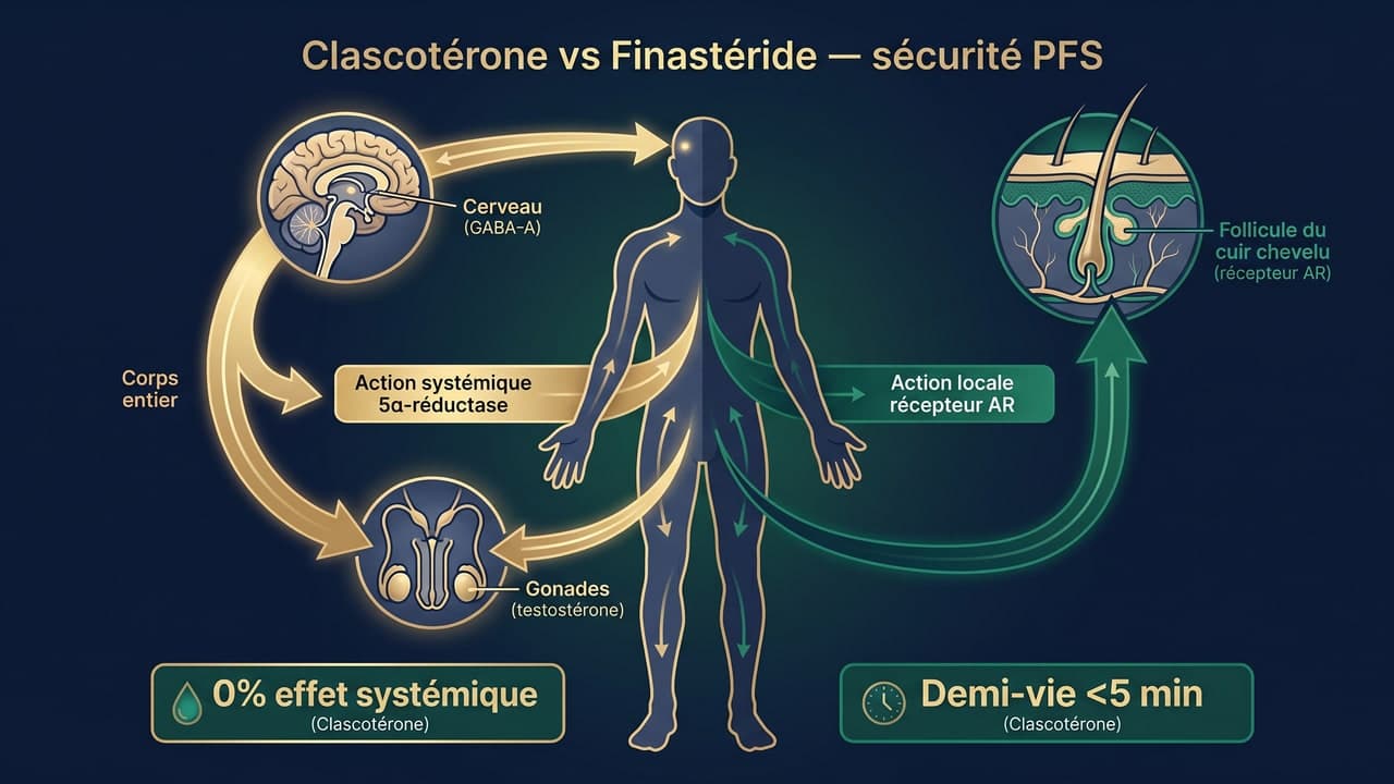Comparaison mécanisme d'action — finastéride (systémique) vs clascotérone (local) chez patients post-finasteride syndrome